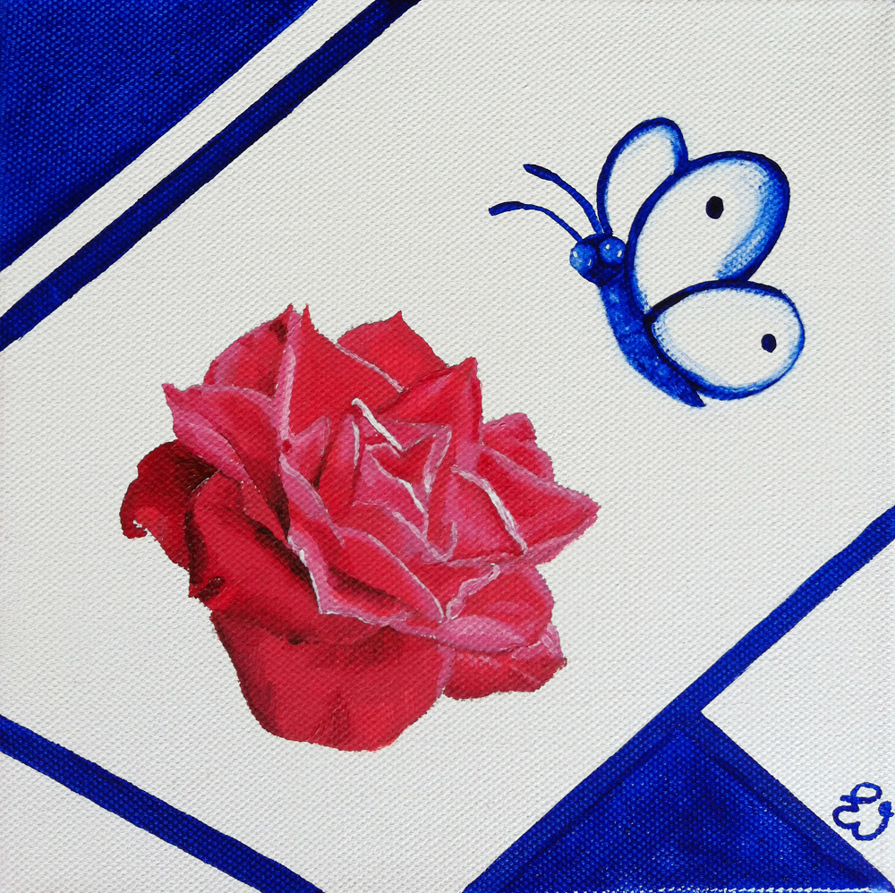 schilderij Roos met vlinder